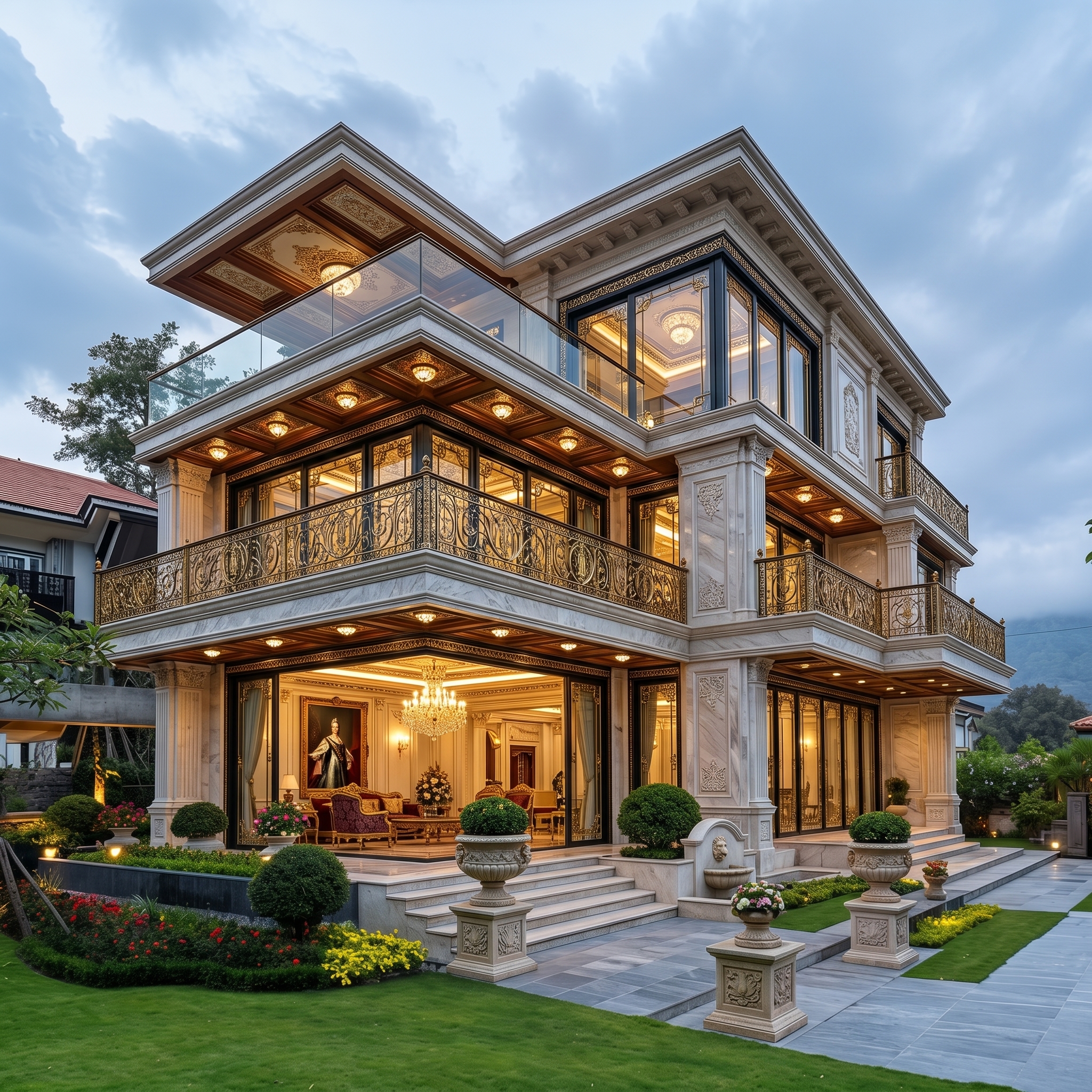 Grand luxury villa exterior with elegant marble architecture, gold balcony railings, floor-to-ceiling glass windows, warm ambient lighting, and beautifully landscaped gardens