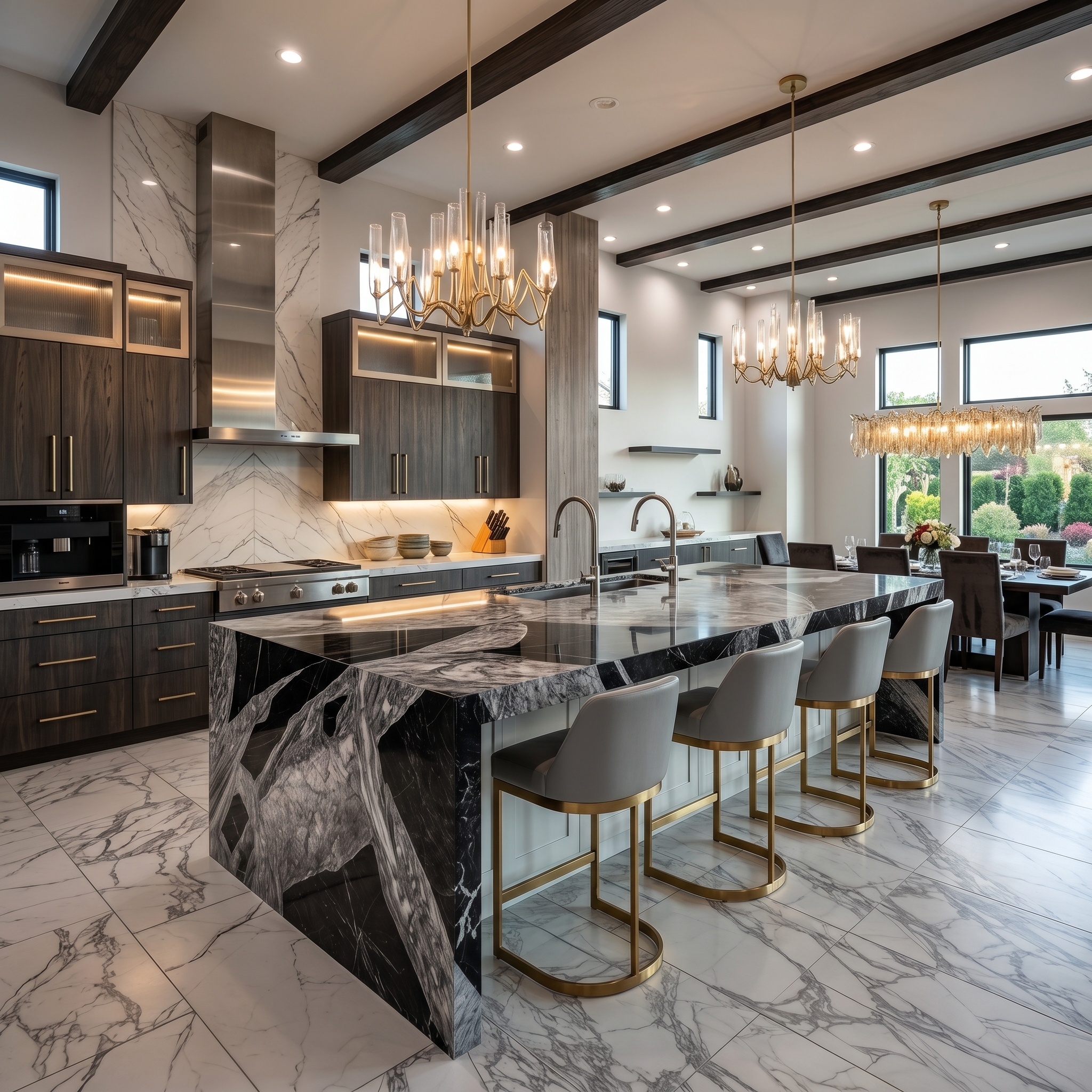 Luxury modern kitchen interior featuring a black marble waterfall island, gold-accent bar stools, elegant chandeliers, dark wood cabinetry, marble flooring, and an open dining area