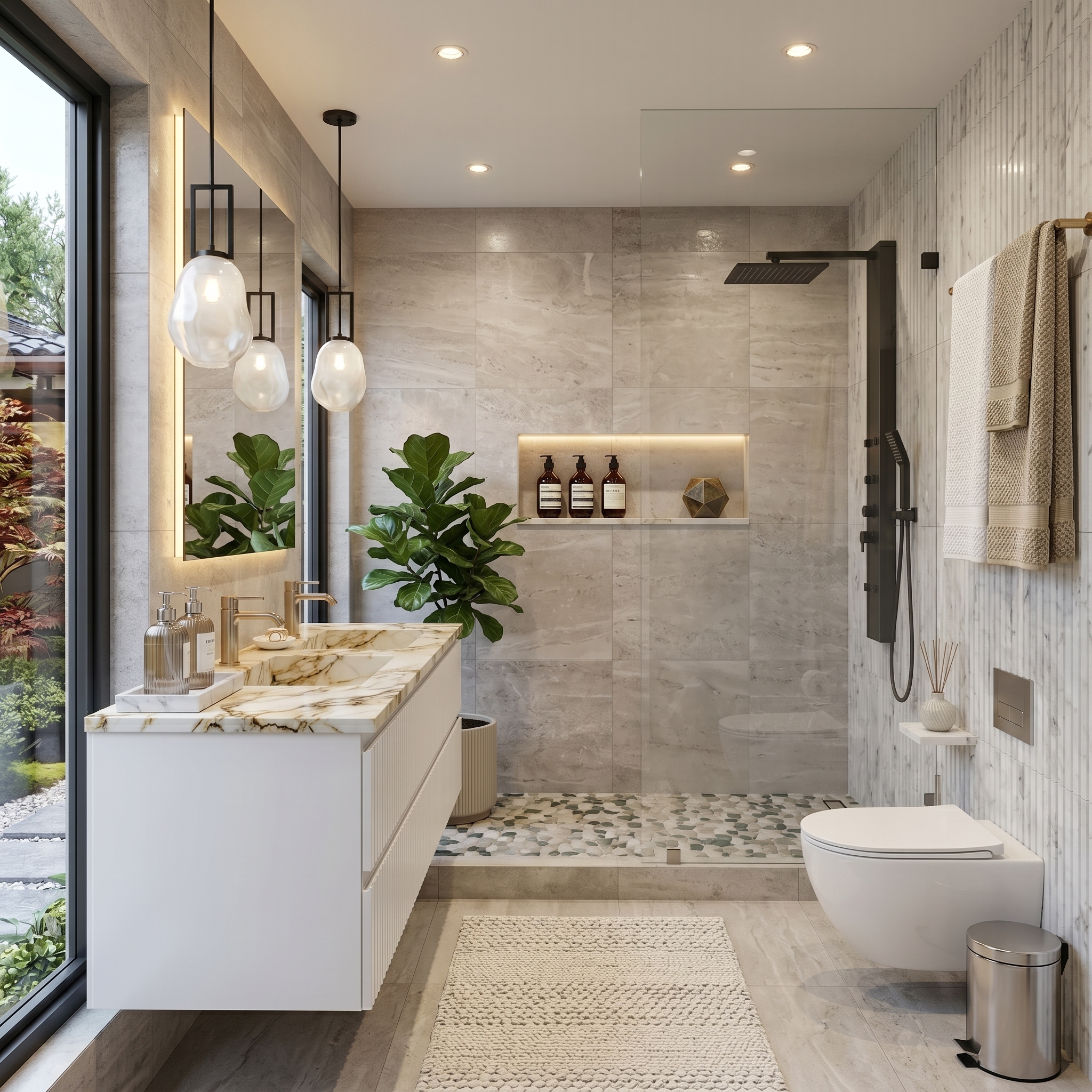 Modern luxury bathroom featuring a floating marble vanity, glass walk-in shower, soft pendant lighting, neutral stone tiles, indoor plants, and minimalist contemporary décor