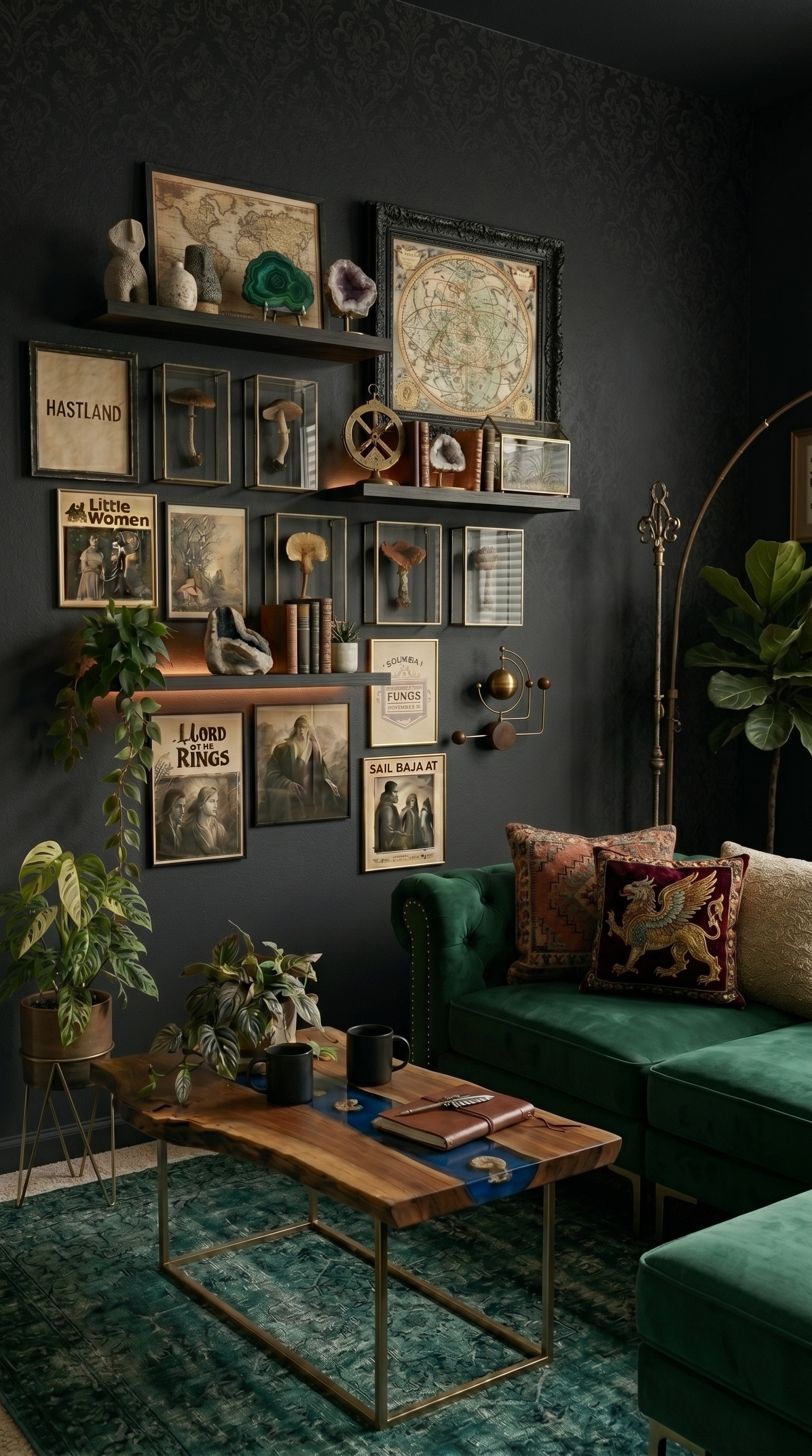 Elegant dark moody living room featuring emerald velvet seating, vintage-inspired wall décor, layered artwork, warm ambient lighting, indoor plants, rustic wooden coffee table, and