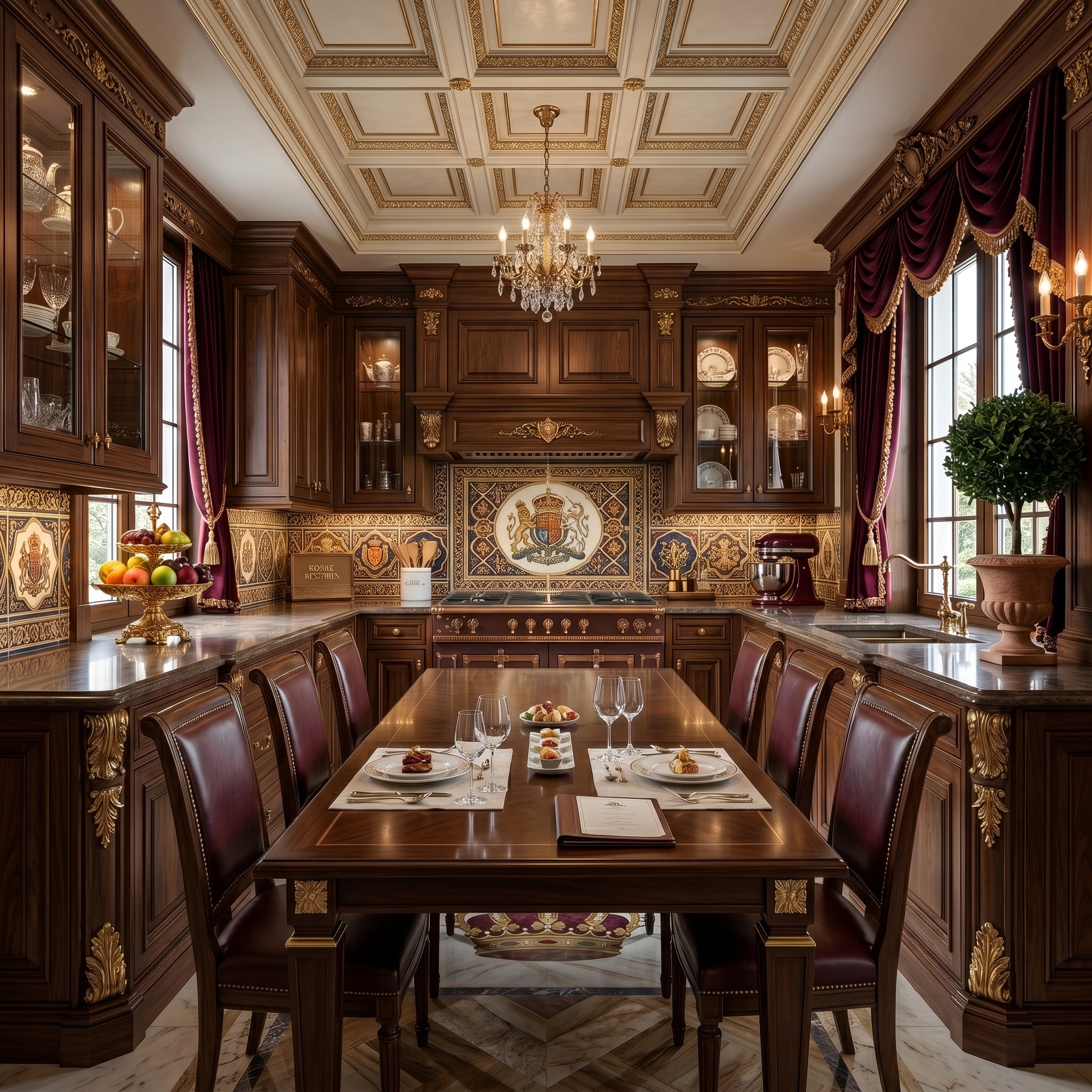 Luxury classic kitchen with dark wooden cabinetry, gold detailing, elegant chandelier lighting, ornate ceiling design, marble countertops, and royal dining décor