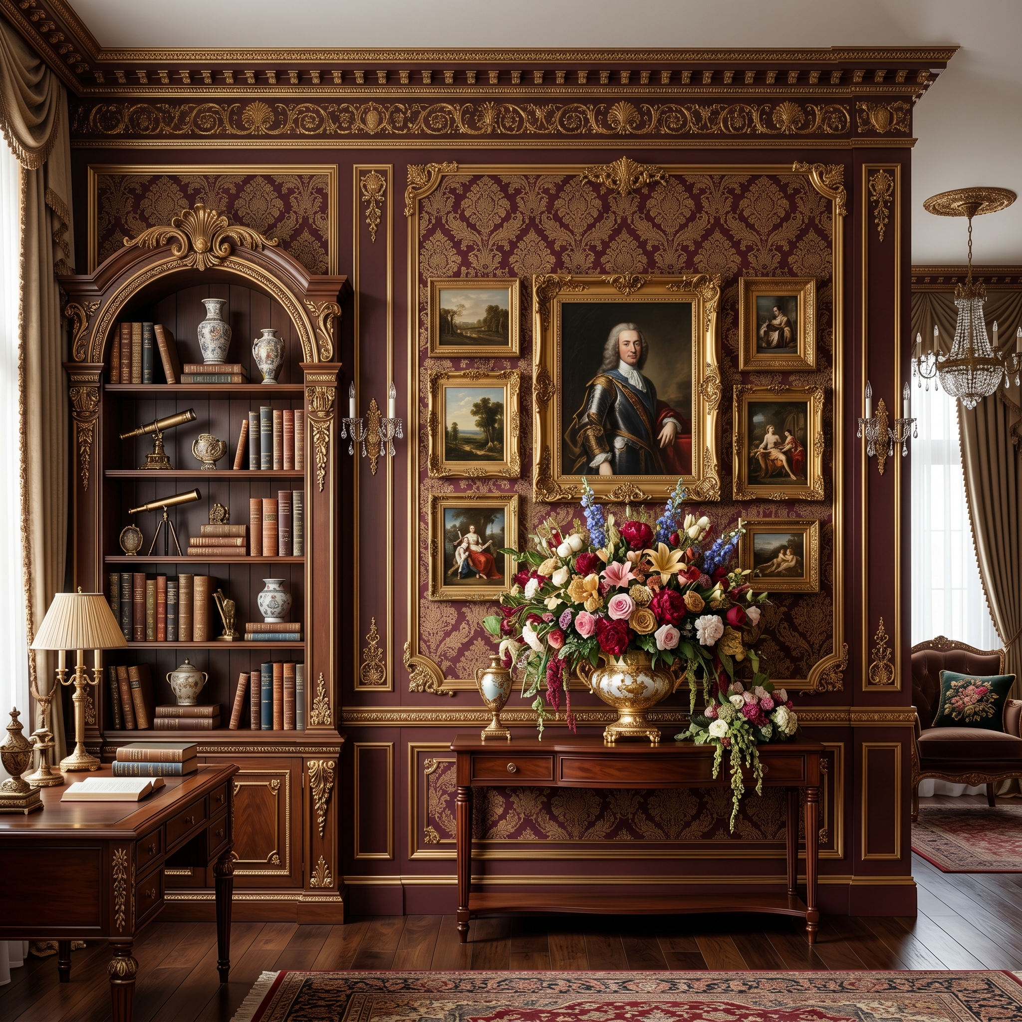 Elegant royal-style wall décor featuring ornate gold detailing, vintage portrait paintings, luxurious floral arrangements, classic wooden furniture, and rich burgundy wallpaper