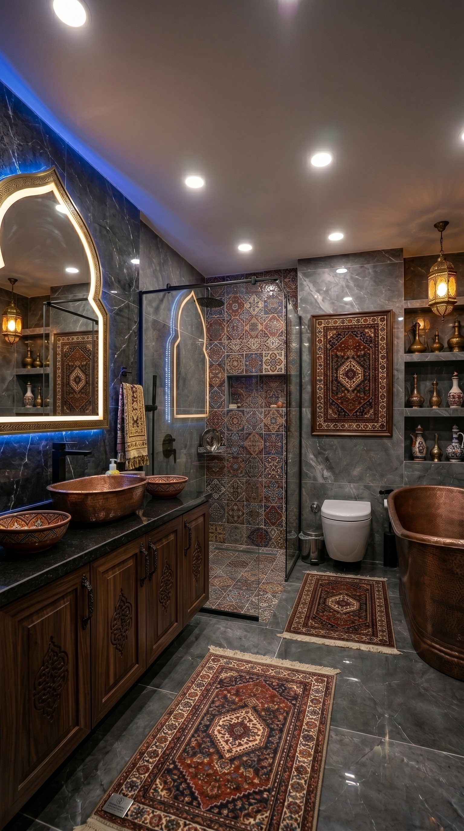Elegant Moroccan-inspired luxury bathroom featuring waterproof Persian-style carpets, copper bathtub, artisan tile walls, warm ambient lighting, wooden vanity, and sophisticated sp