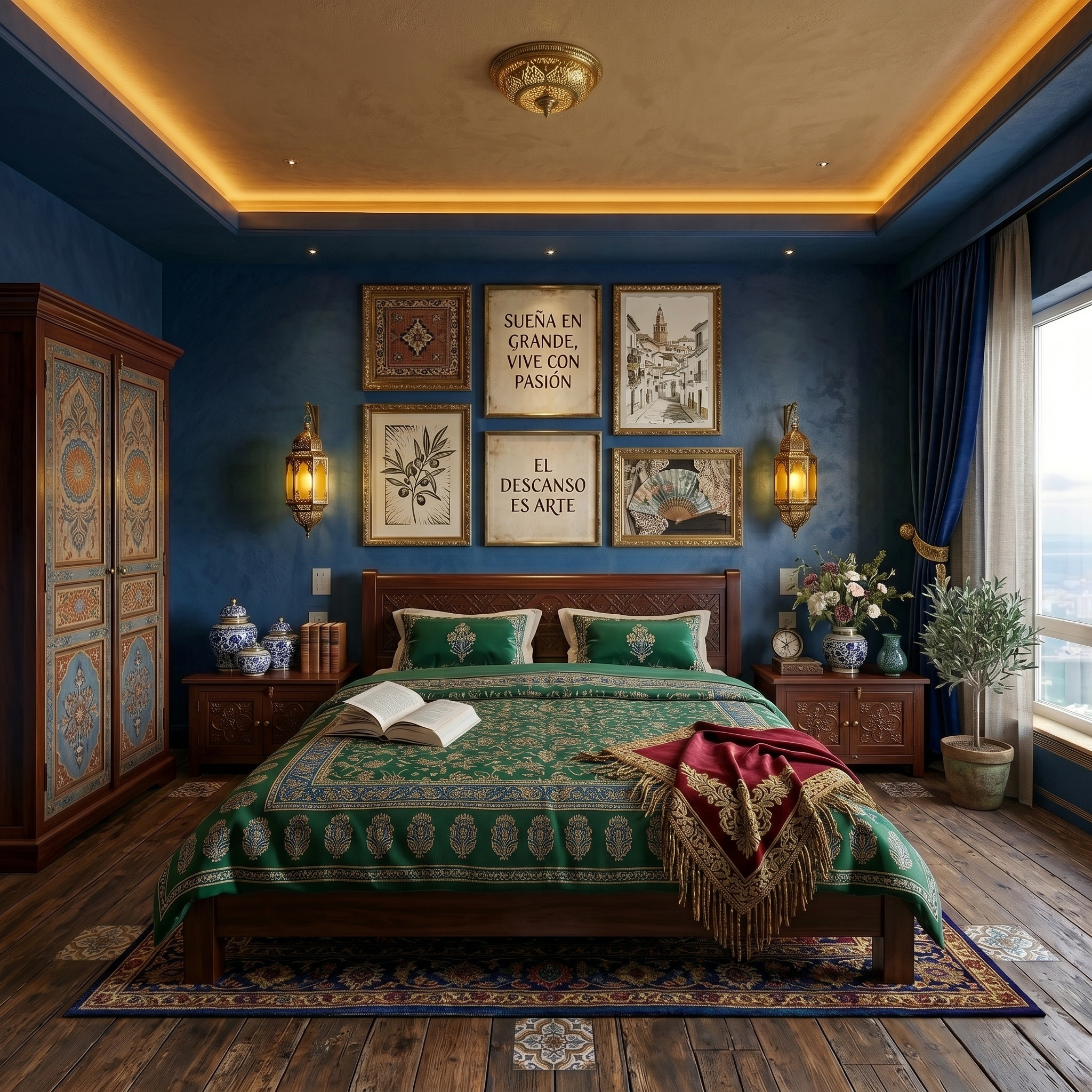 Luxury Spanish-inspired bedroom with deep blue walls, carved wooden furniture, warm ambient lighting, Mediterranean décor accents, and elegant green bedding