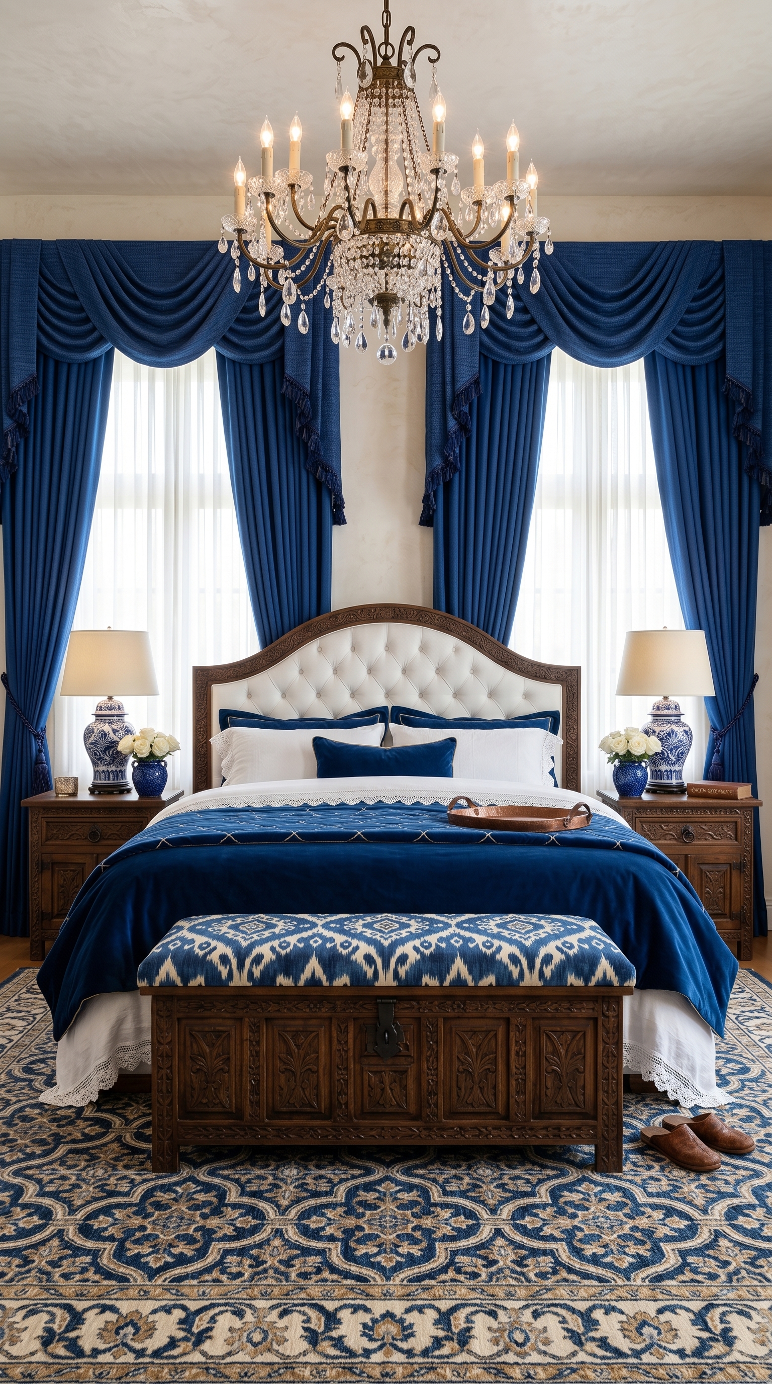 Luxurious royal blue bedroom interior featuring elegant floor-length drapes, crystal chandelier lighting, carved wooden bed and bench, white tufted headboard, patterned blue area r