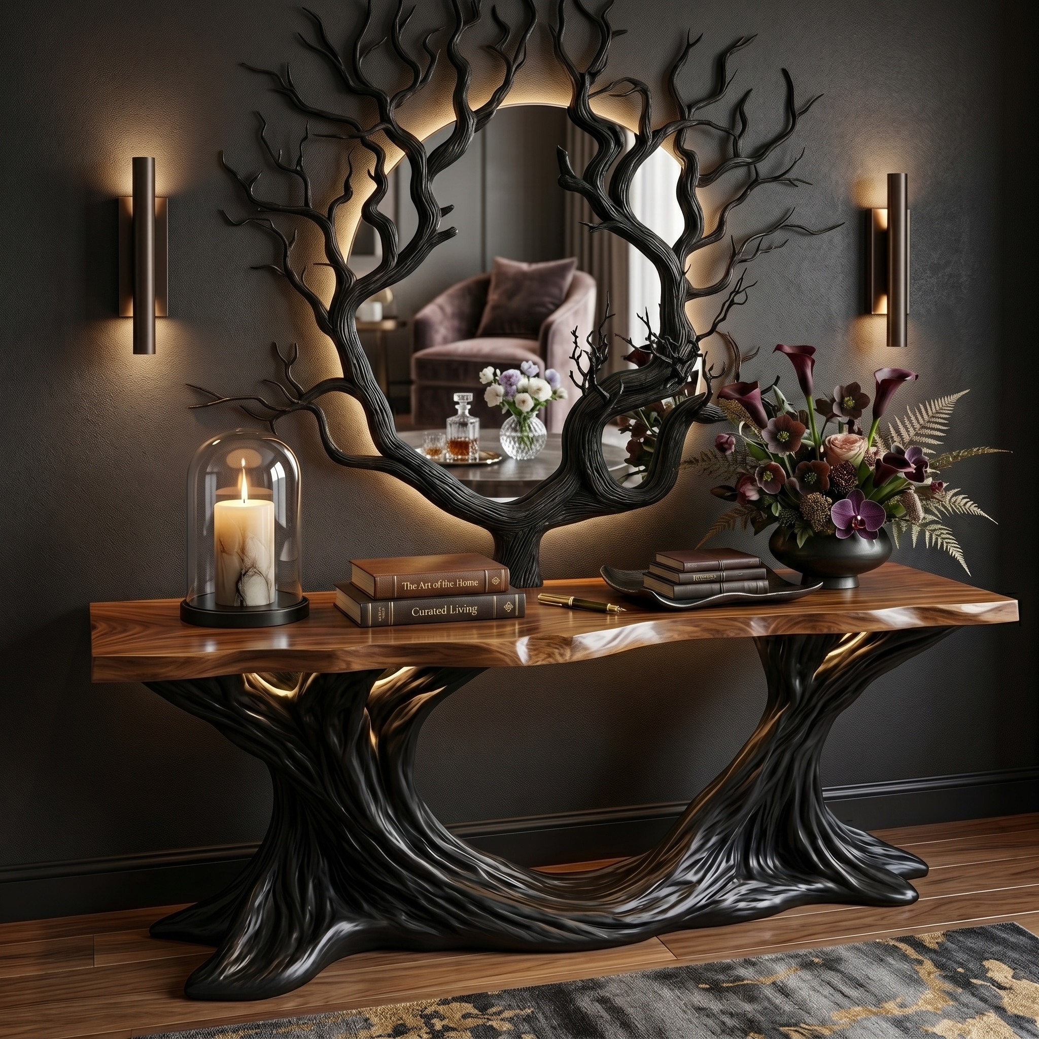 Luxury modern console table featuring sculpted tree-inspired black wood design, artistic round mirror, ambient wall lighting, floral arrangement, candles, and elegant contemporary