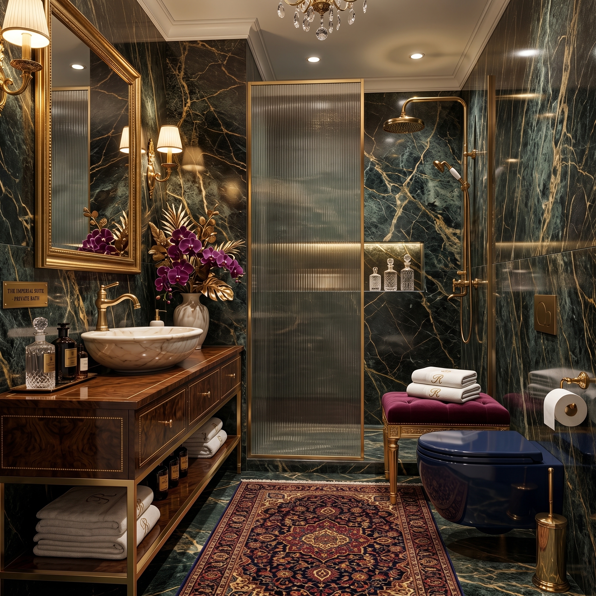 Luxury black marble bathroom with gold accents, elegant wooden vanity, ambient lighting, modern glass shower, and royal-inspired interior décor