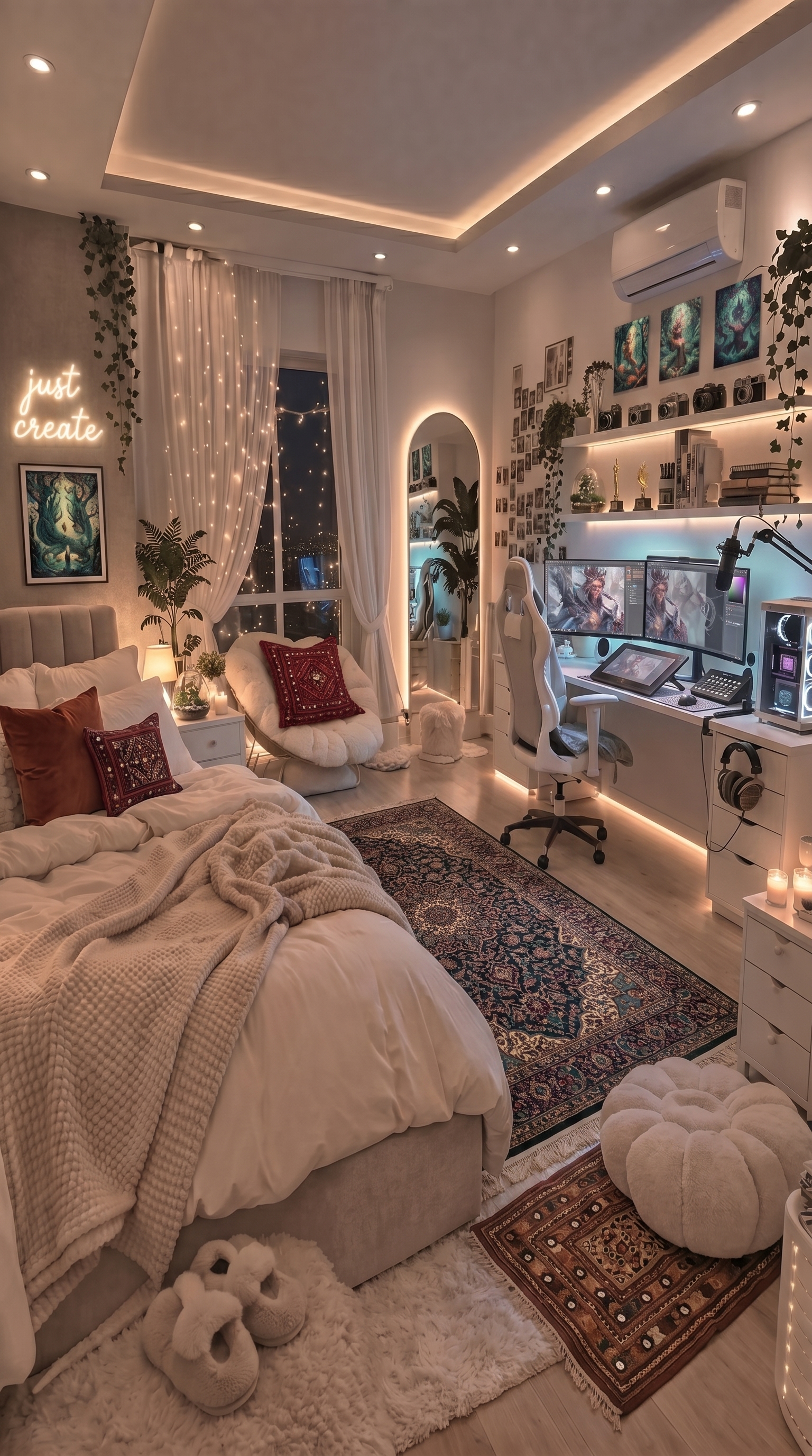 Cozy modern bedroom interior featuring luxurious soft duvet covers, warm ambient LED lighting, layered rugs, aesthetic wall décor, plush bedding textures, stylish workspace setup